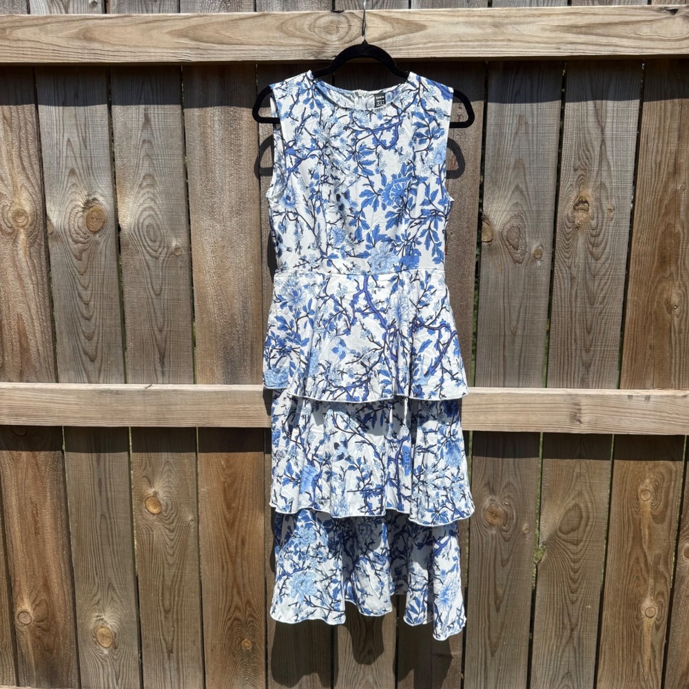 SHEIN Blue White Floral Tiered Midi Dress Sleeveless Ruffle Size M 6